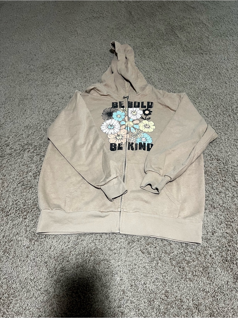 No Boundaries Beige Zip Hoodie with Floral "Be Bold Be Kind" Graphic